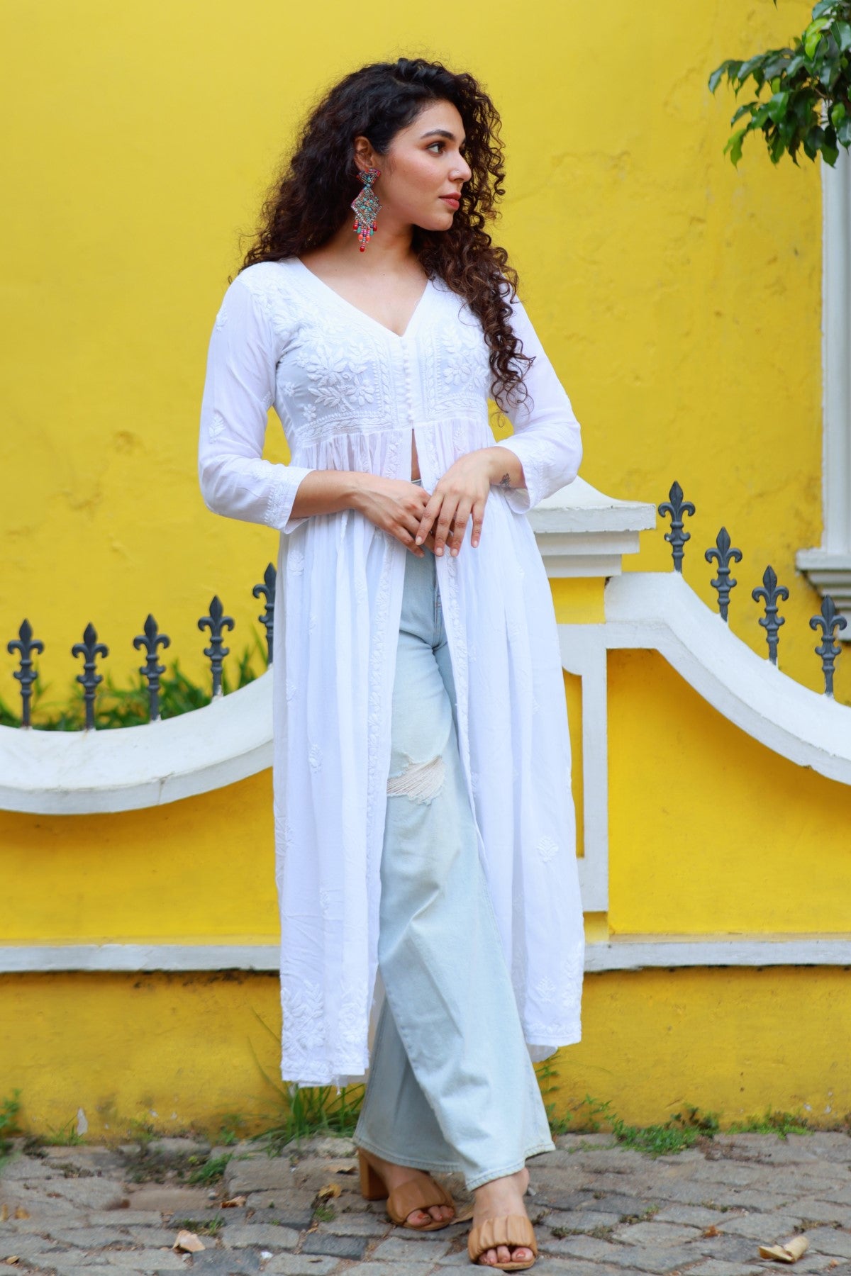chinese dress ladies Crepe Silk Chikankari White Long Dress – Chikankari Affair