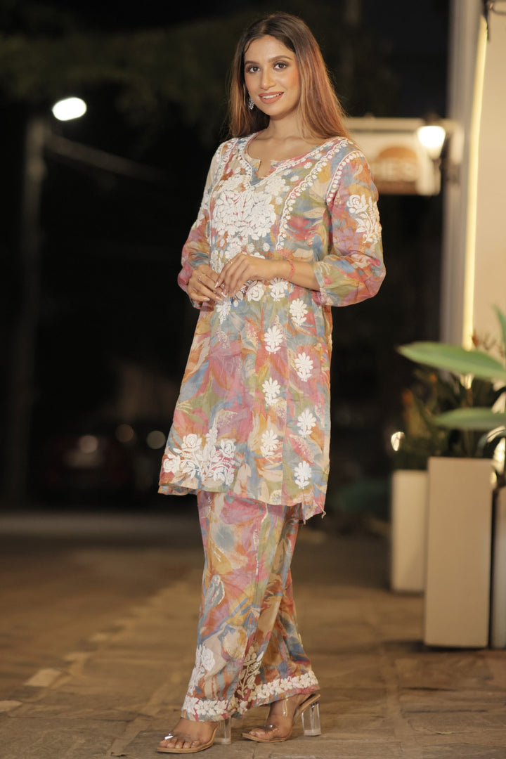 Muslin Chikankari Floral Co-Ord Set