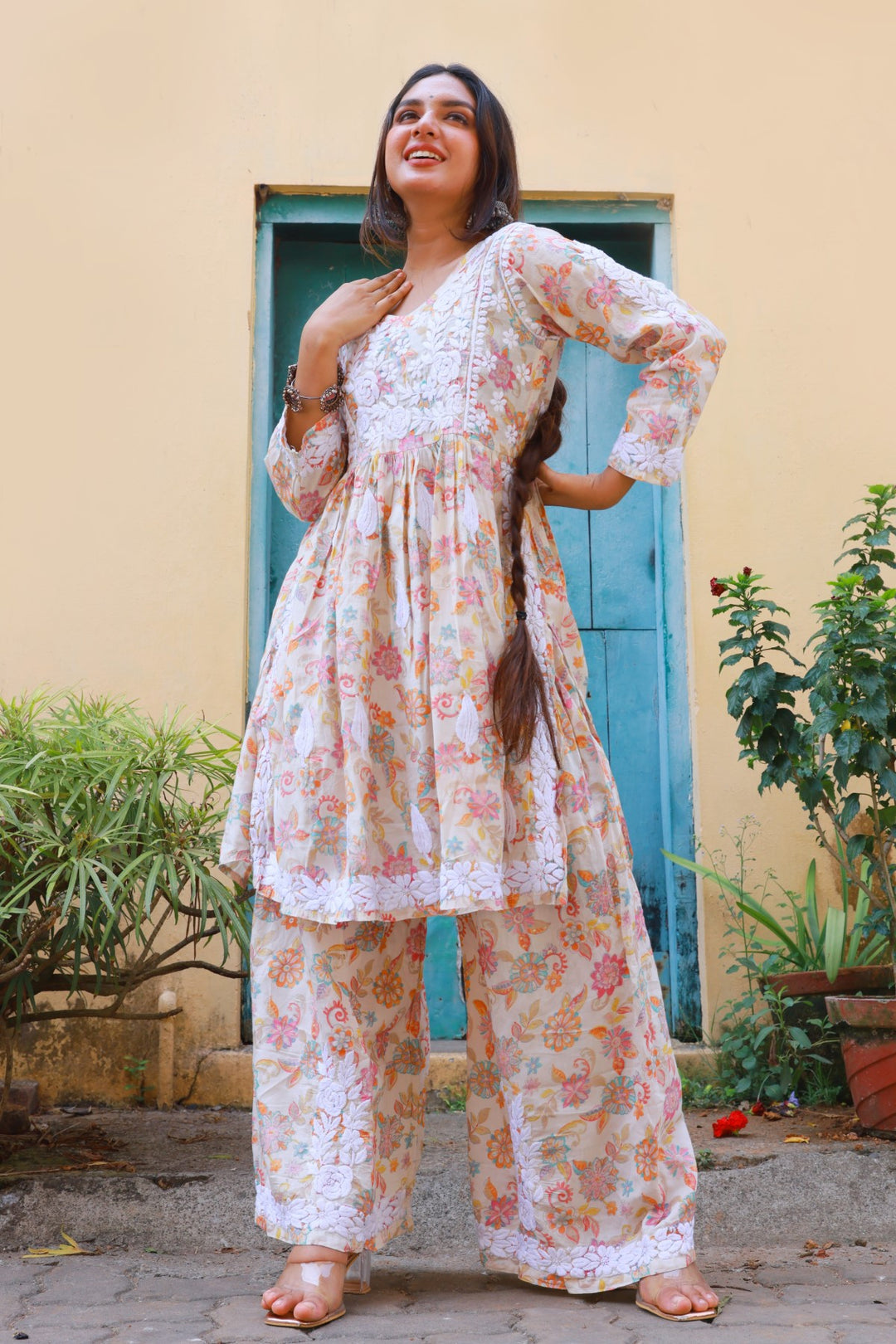 Muslin Chikankari Floral Co-Ord Set