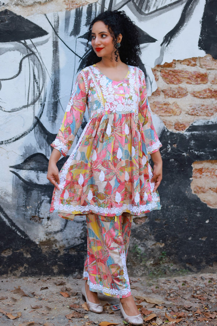 Muslin Chikankari Floral Co-Ord Set