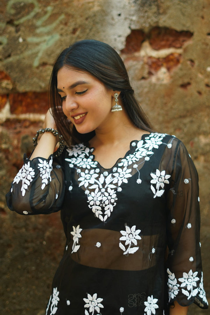 Organza Chikankari Black Kurta