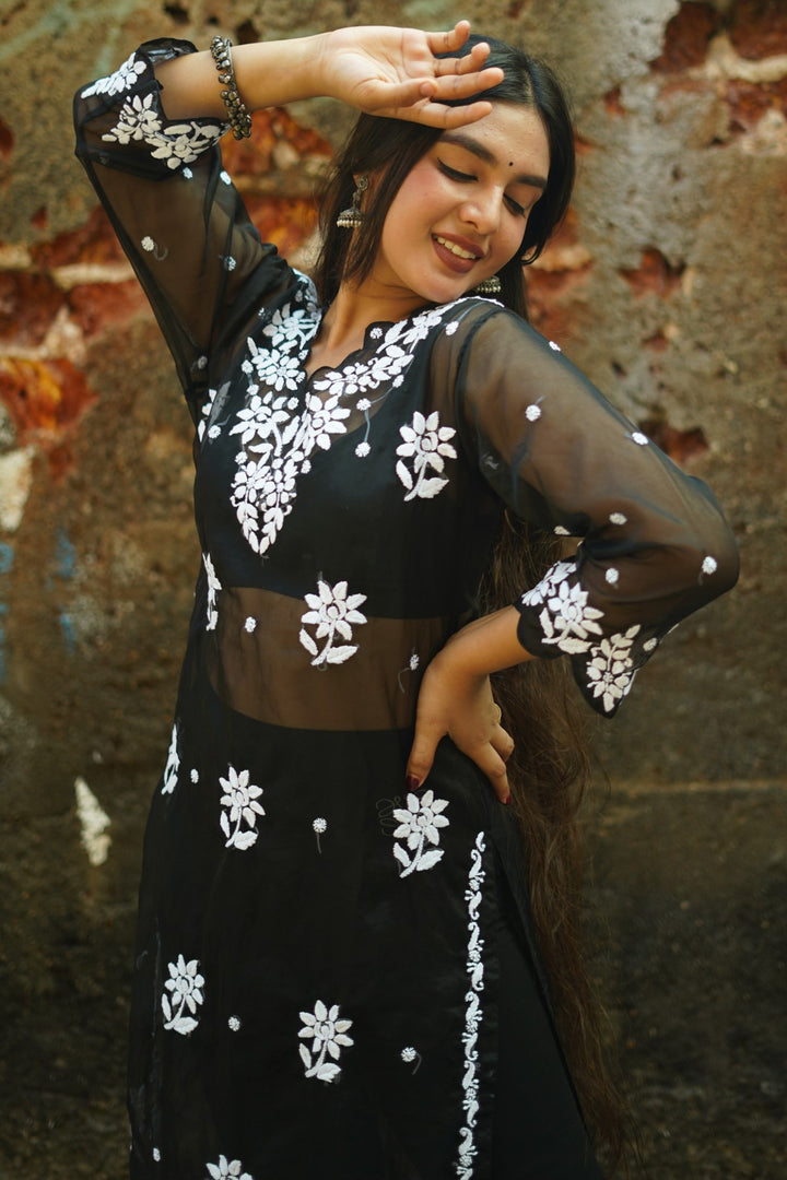 Organza Chikankari Black Kurta