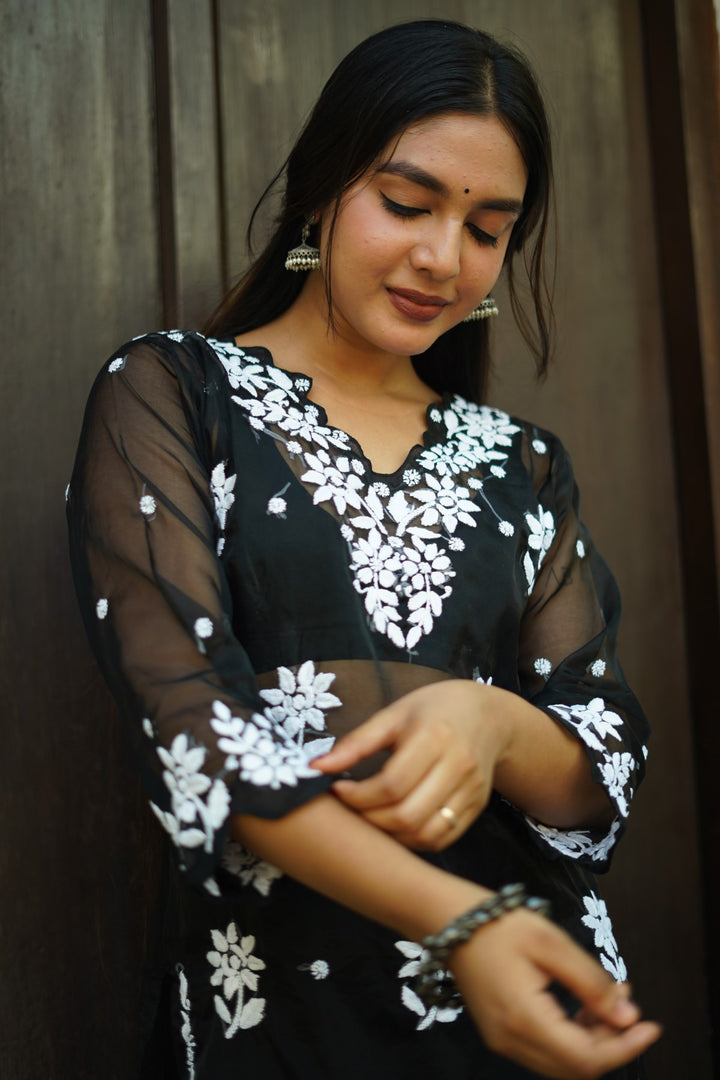 Organza Chikankari Black Kurta