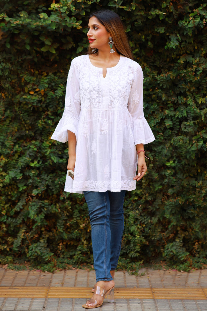 Cotton Chikankari White Short Kurta