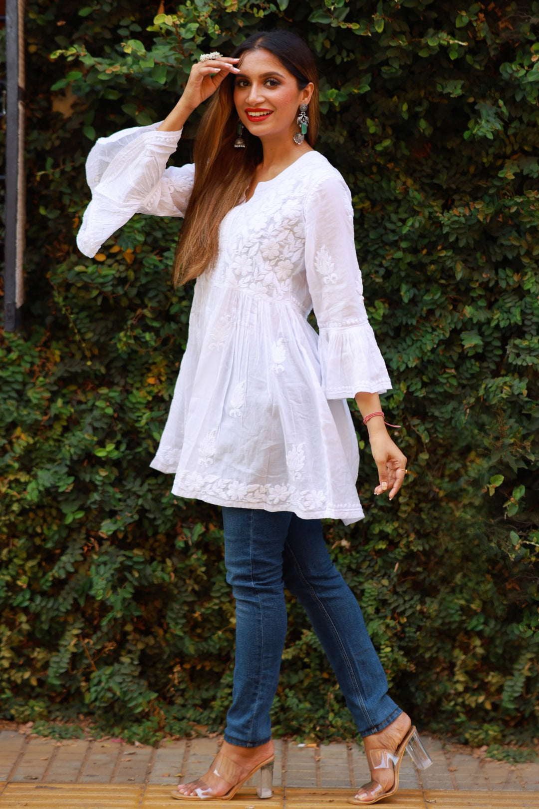 Cotton Chikankari White Short Kurta