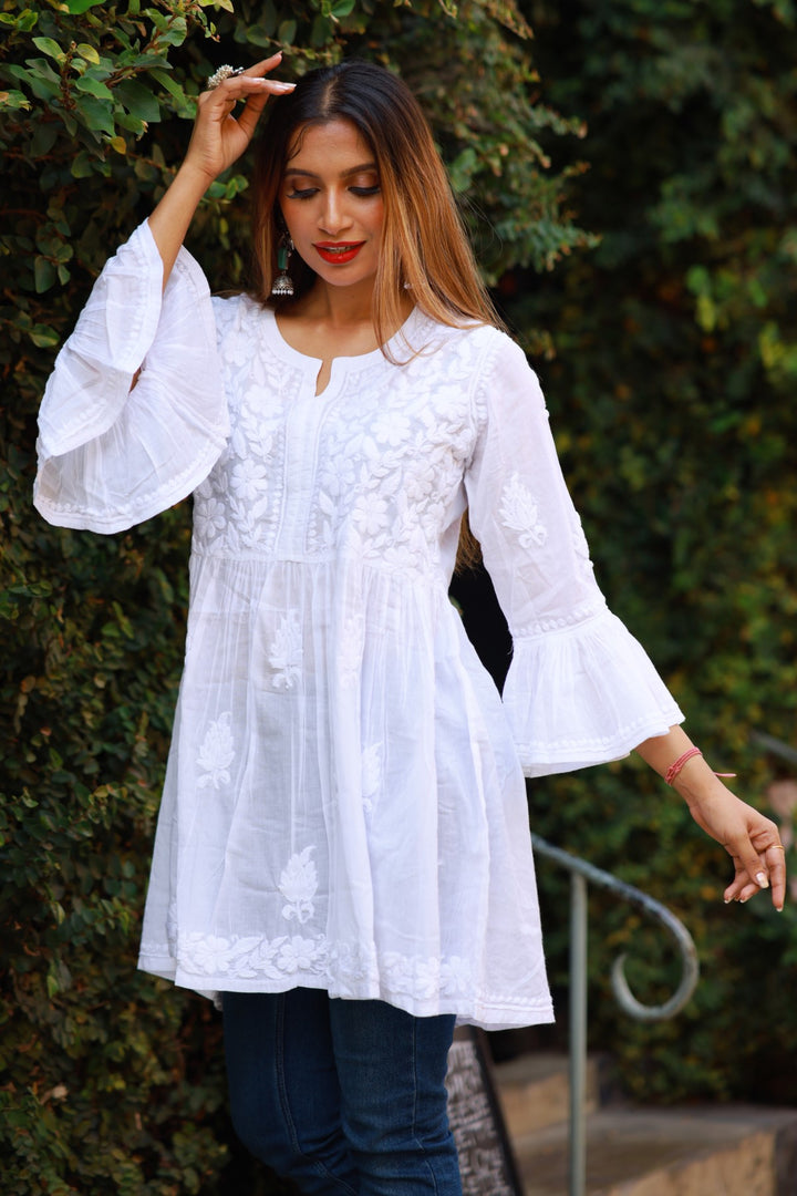 Cotton Chikankari White Short Kurta