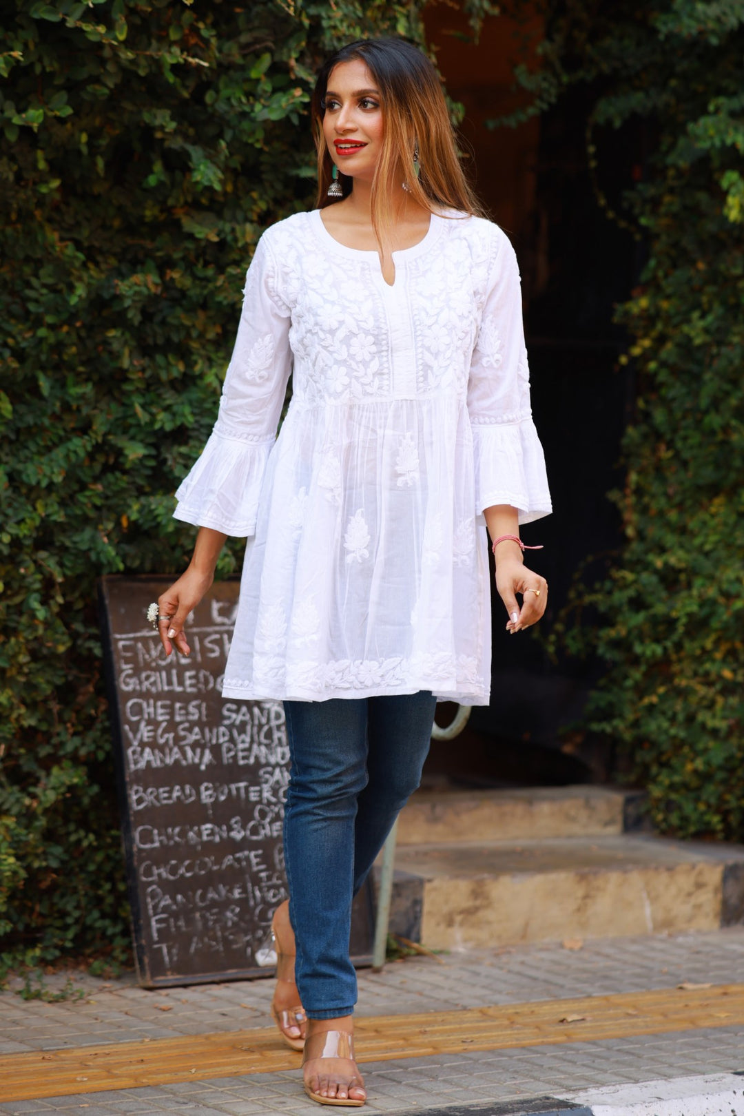 Cotton Chikankari White Short Kurta