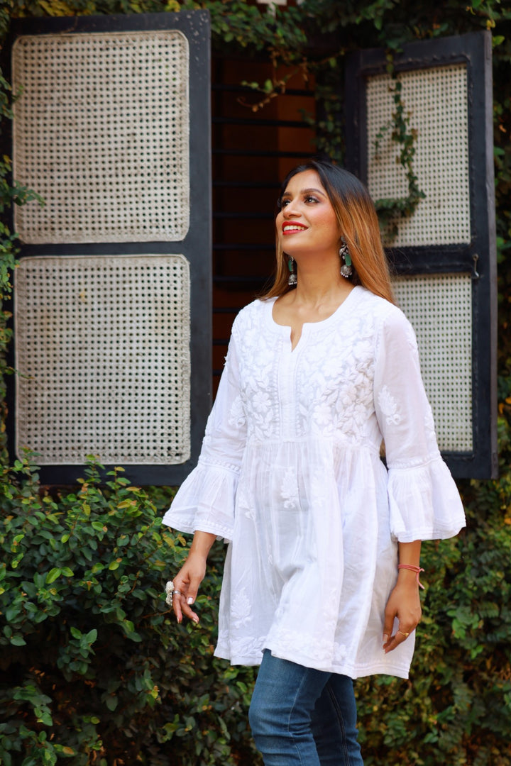 Cotton Chikankari White Short Kurta