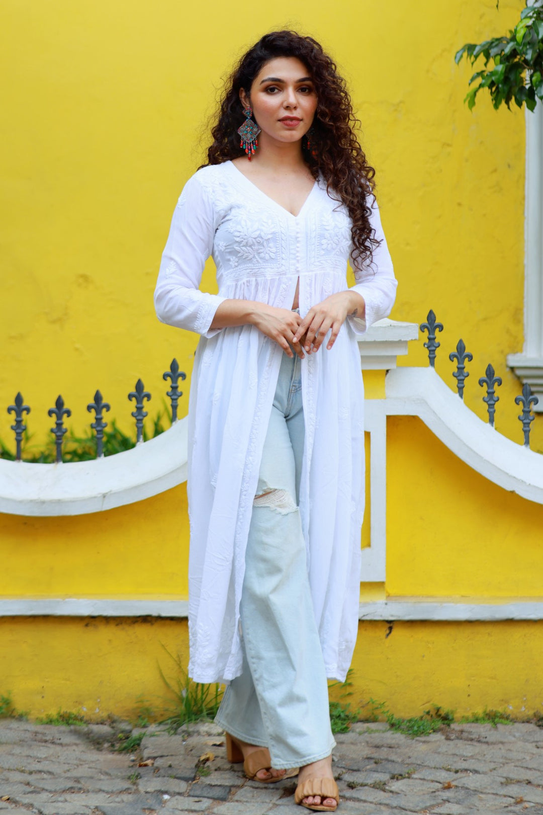 Crepe Silk Chikankari White Long Dress