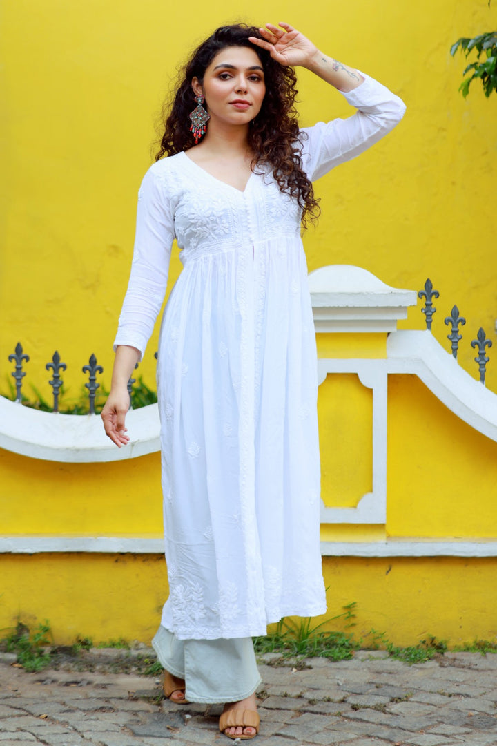 Crepe Silk Chikankari White Long Dress