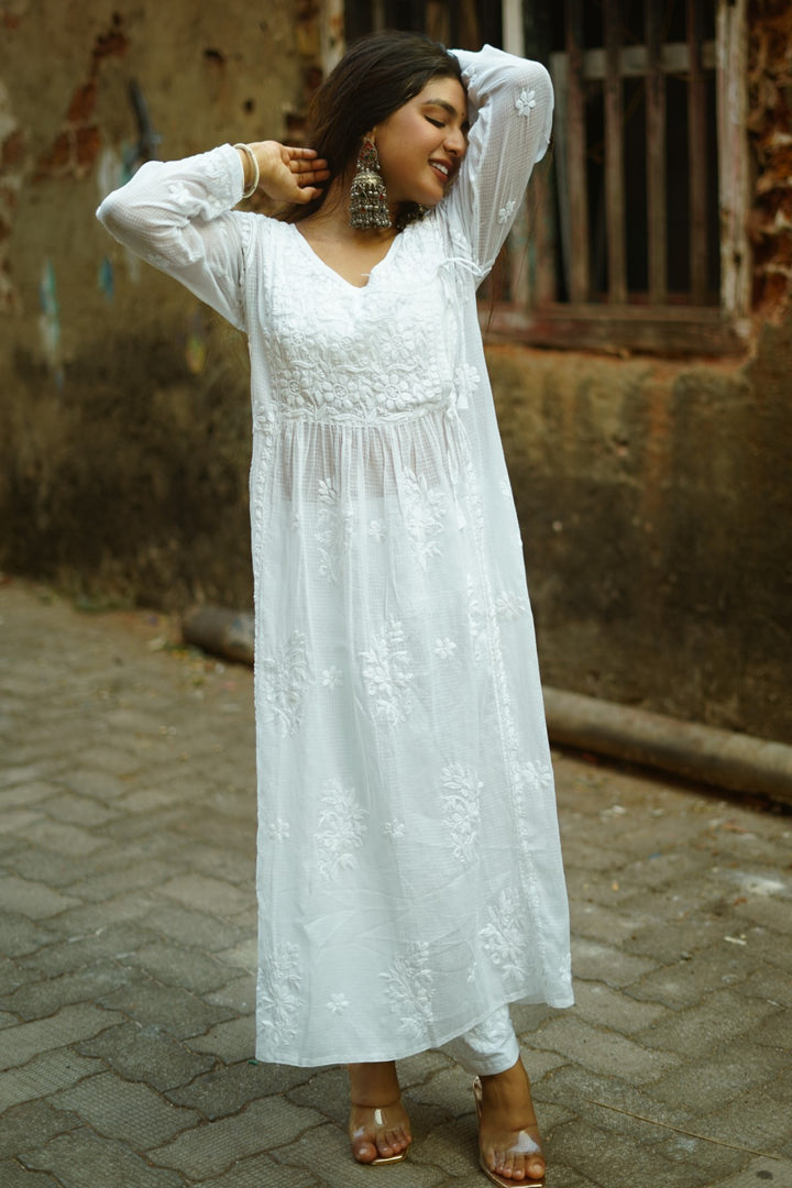 Kota-Doria Chikankari White Long Dress