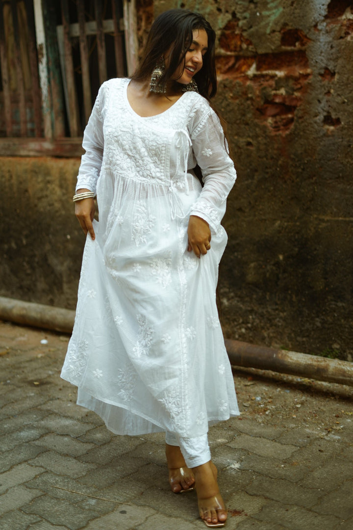 Kota-Doria Chikankari White Long Dress