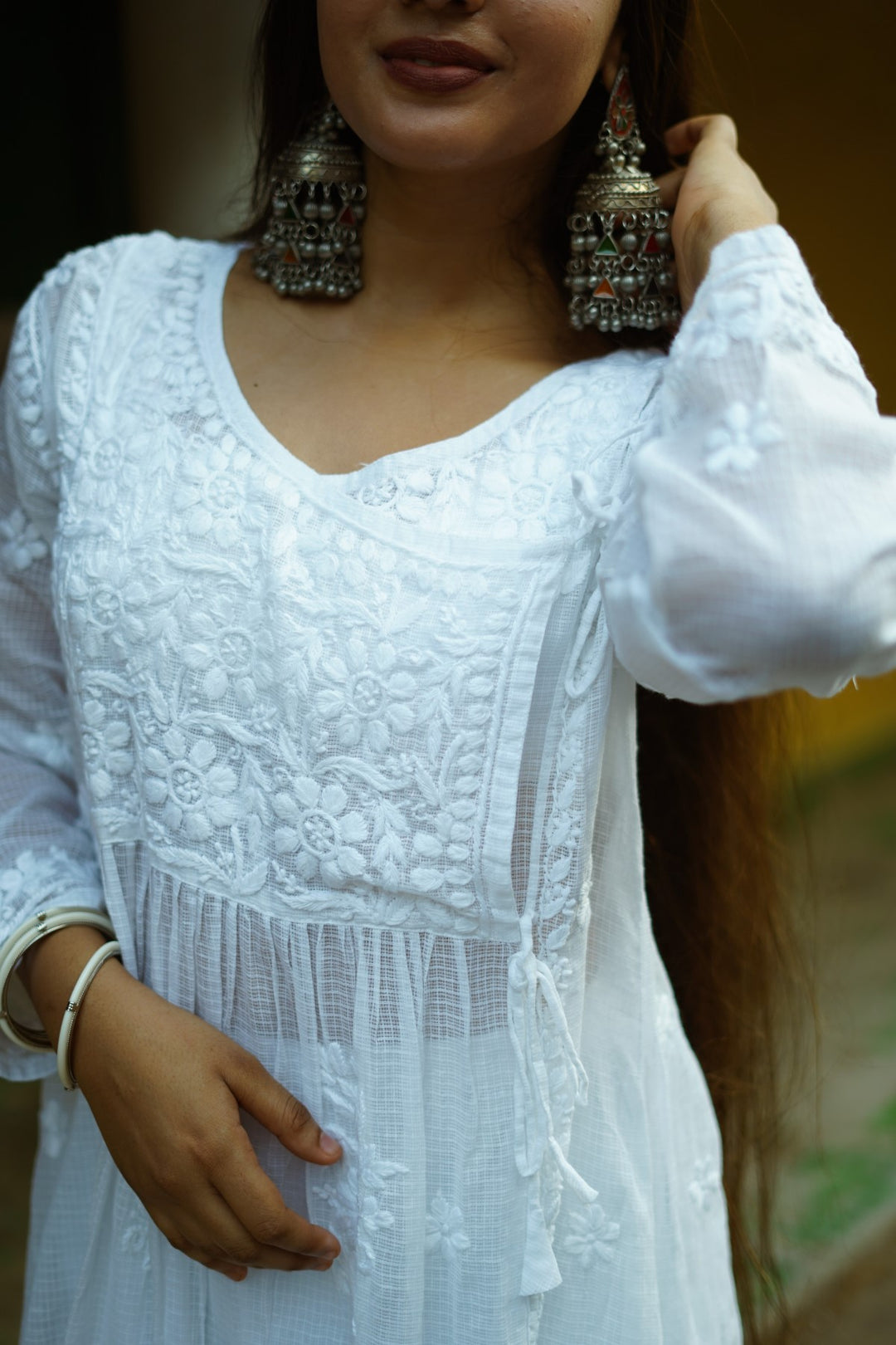 Kota-Doria Chikankari White Long Dress