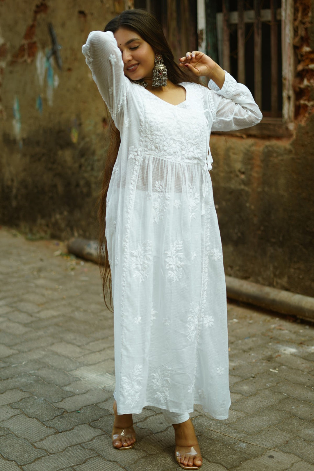 Kota-Doria Chikankari White Long Dress