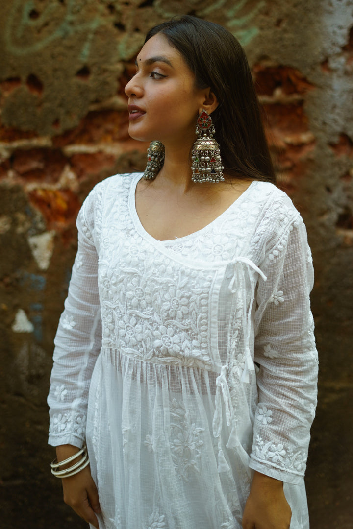 Kota-Doria Chikankari White Long Dress