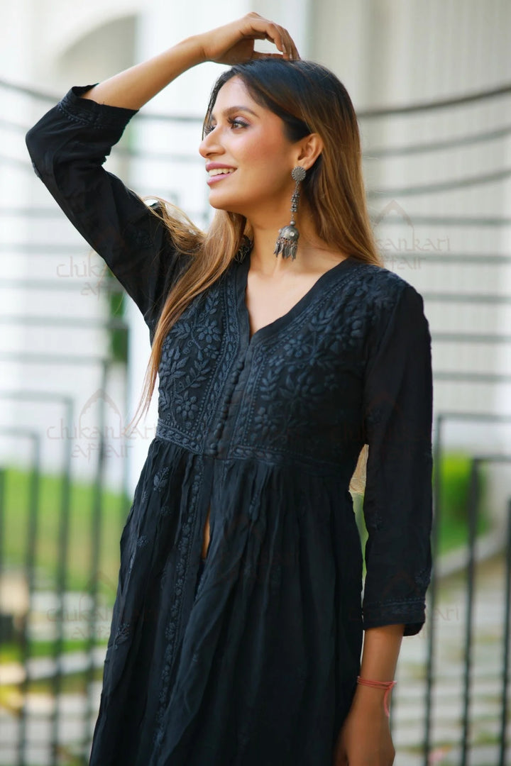 Crepe Chikankari Black Long Dress