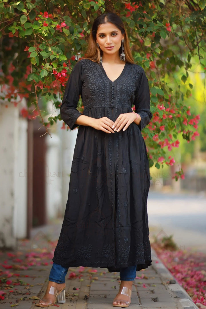 Crepe Chikankari Black Long Dress