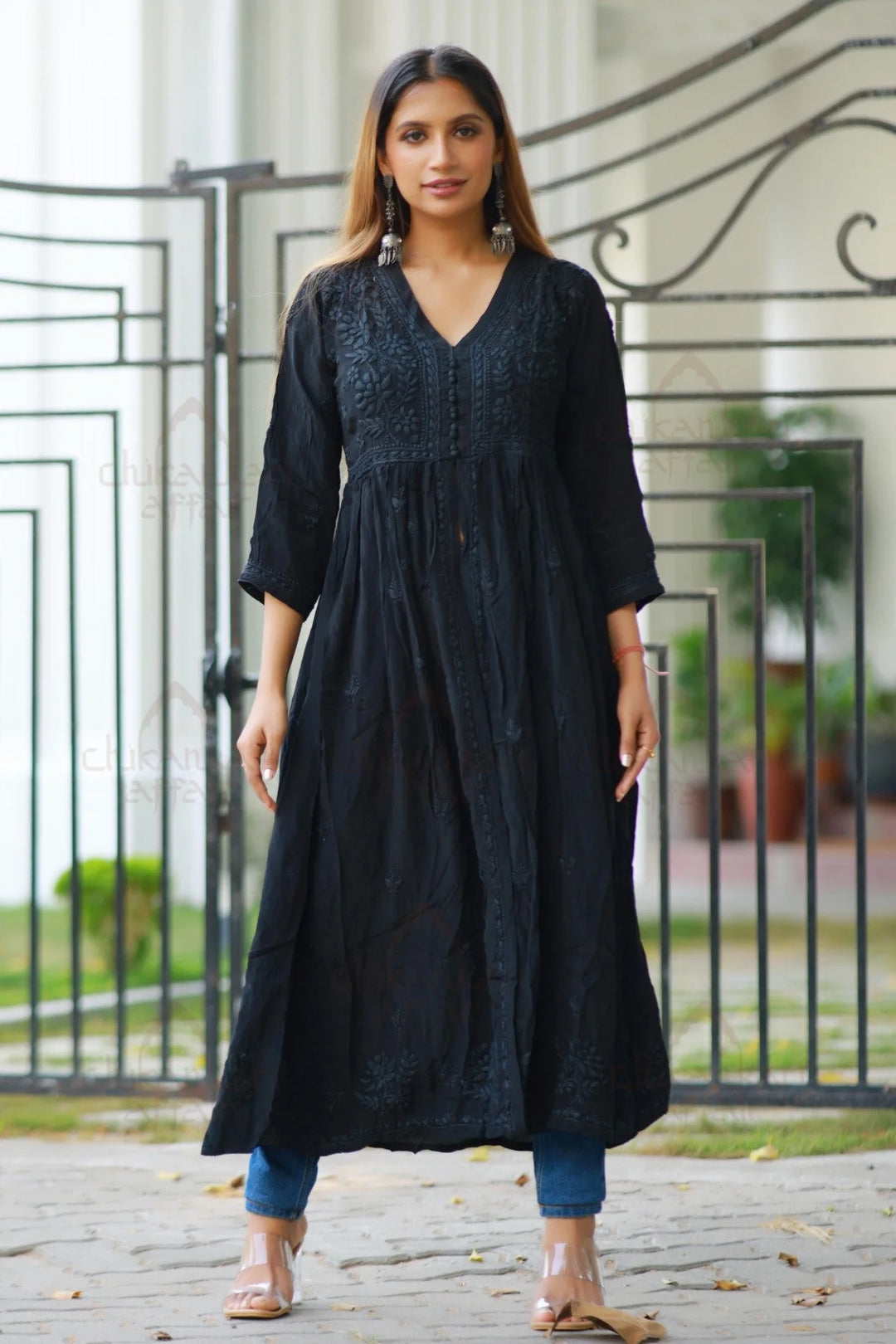 Crepe Silk Chikankari Black Long Dress Chikankari Affair Crepe Silk Chikankari Black Long Dress Chikankari Affair
