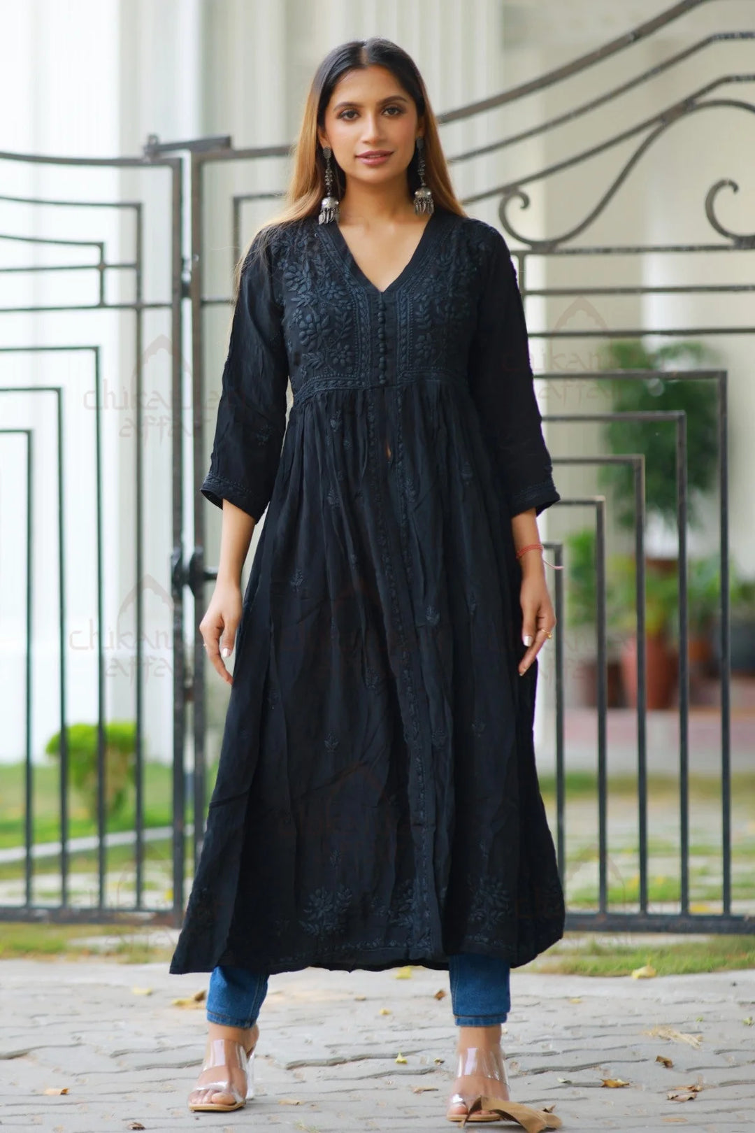 Crepe Chikankari Black Long Dress