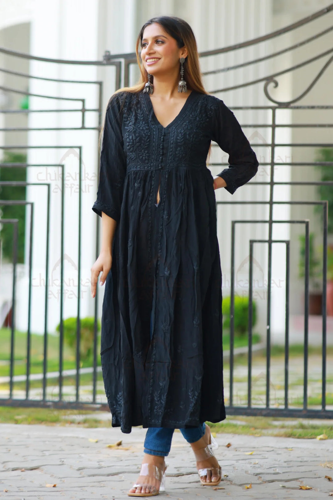 Crepe Chikankari Black Long Dress