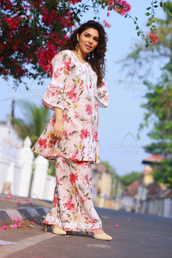 Muslin Chikankari Floral Co - Ord Set