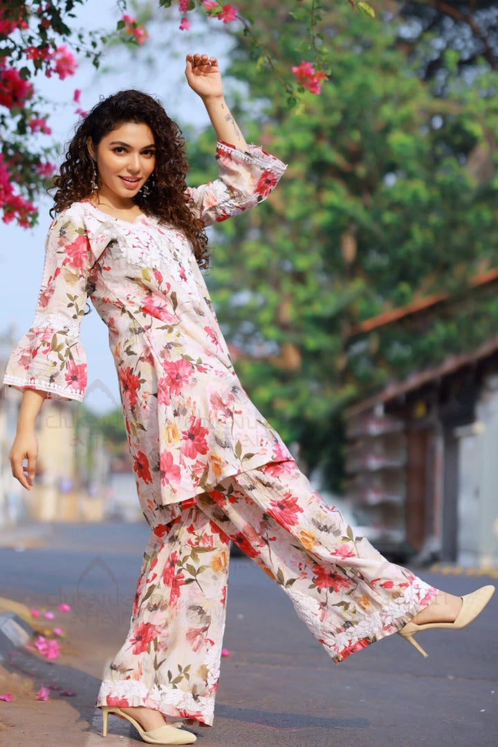 Muslin Chikankari Floral Co - Ord Set